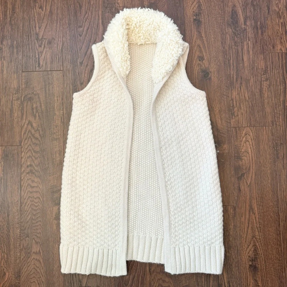 Gap Cream Knit Fur Draped Collar Sleeveless Open Midi Cardigan Vest Womens Small - Picture 1 of 6